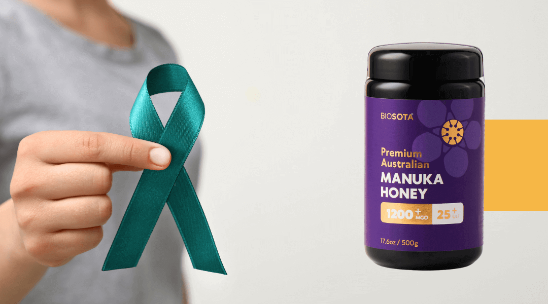 Hand holding a teal ribbon next to a jar of Premium Australian MANUKA HONEY, emphasizing benefits for ovarian cancer.