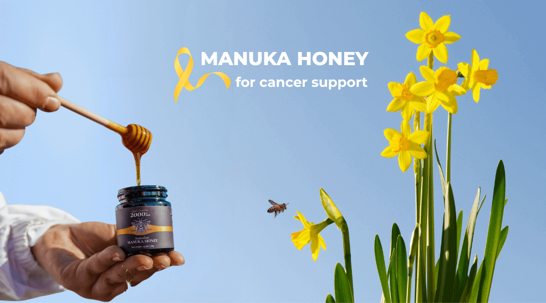 Person drizzling Manuka honey beside daffodils, promoting Daffodil Day Dip for cancer support.