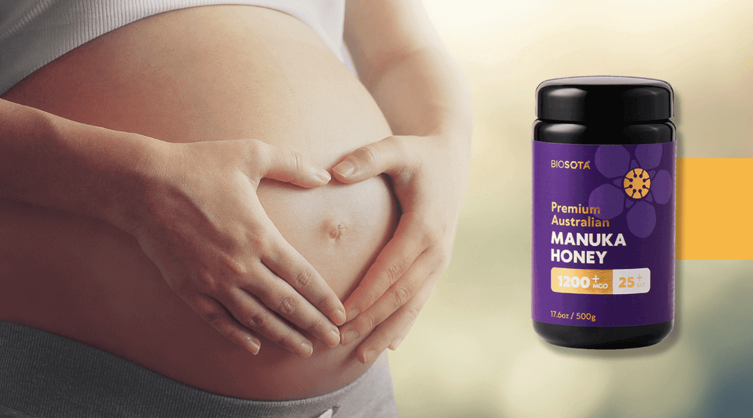 Pregnant woman with jar of organic MGO 1200+ Manuka honey for pregnancy ...