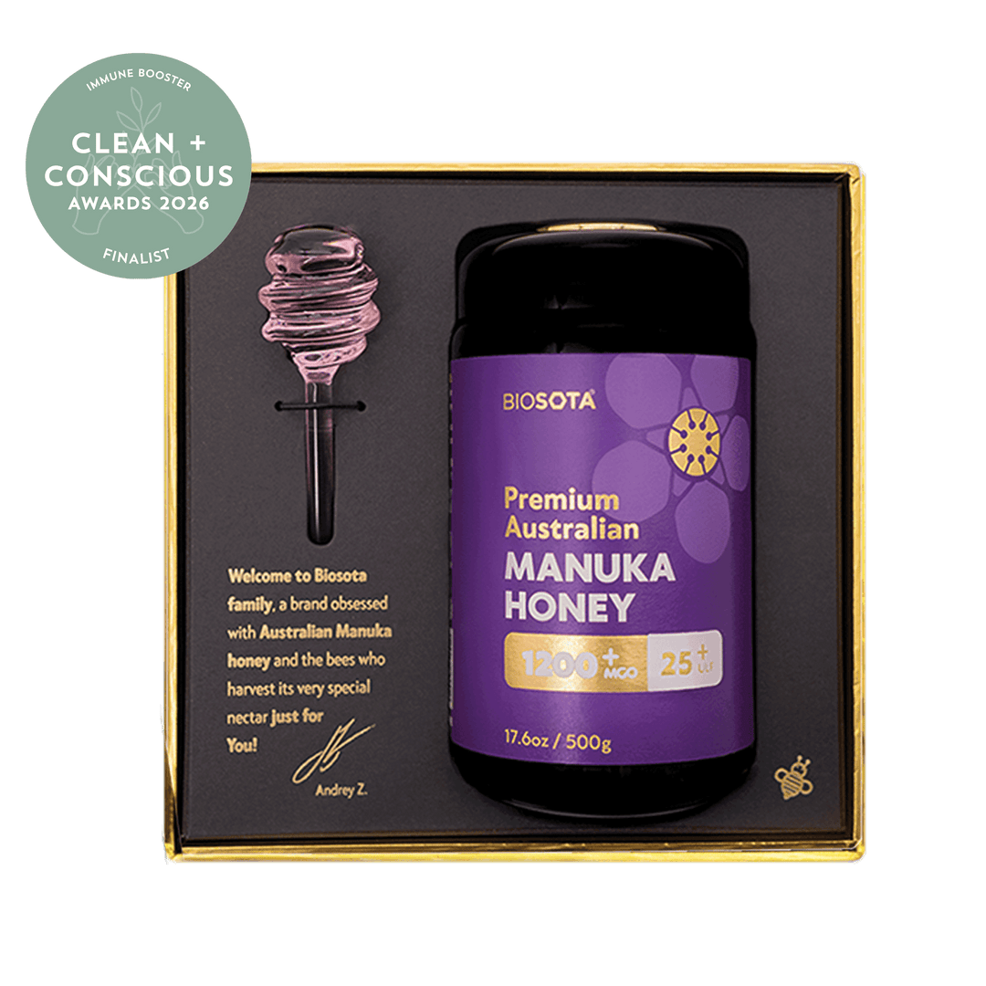 Biosota Organics Manuka Honey MGO 1200+ 500g luxury gift open box with glass and honey dipper