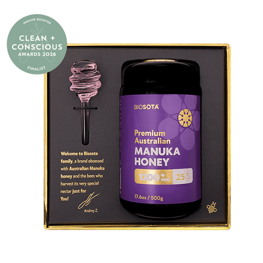 Biosota Organics Manuka Honey MGO 1200+ 500g luxury gift open box with glass and honey dipper
