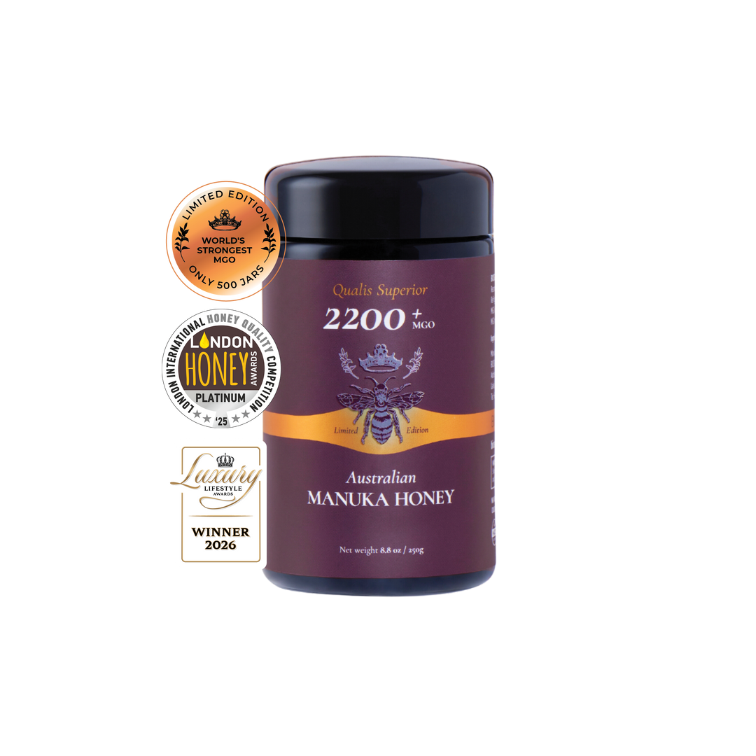 World's strongest Manuka Honey MGO 2200+ (250g) with awards badges
