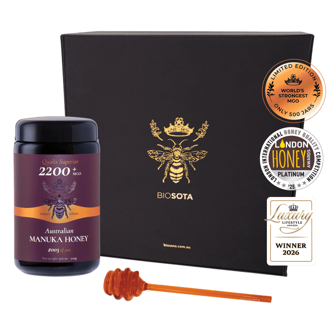 Biosota Organics World's Strongest Manuka Honey luxury gift MGO 2200+ with award badges