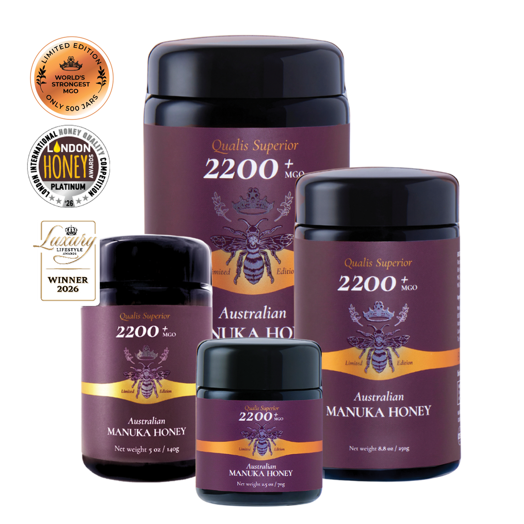 Jars of the World's strongest Manuka Honey MGO 2200+ with awards badges