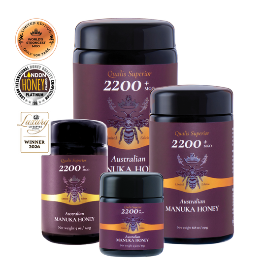 Jars of the World's strongest Manuka Honey MGO 2200+ with awards badges