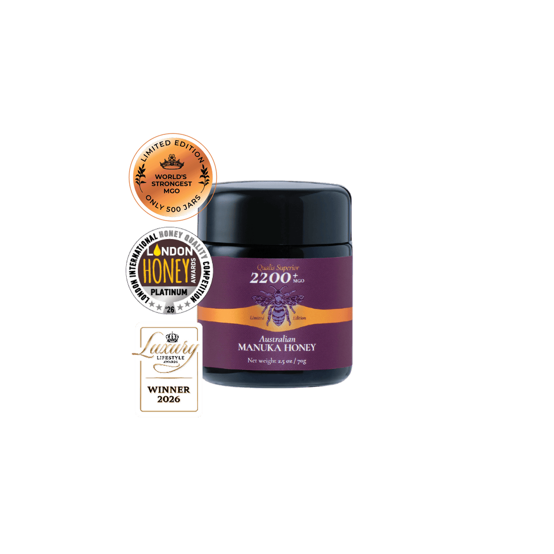 World's strongest Manuka Honey MGO 2200+ (75g) with awards badges