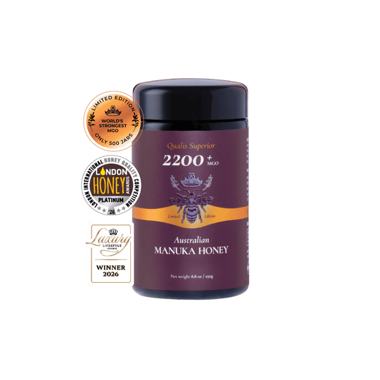 World's strongest Manuka Honey MGO 2200+ (250g) with awards badges