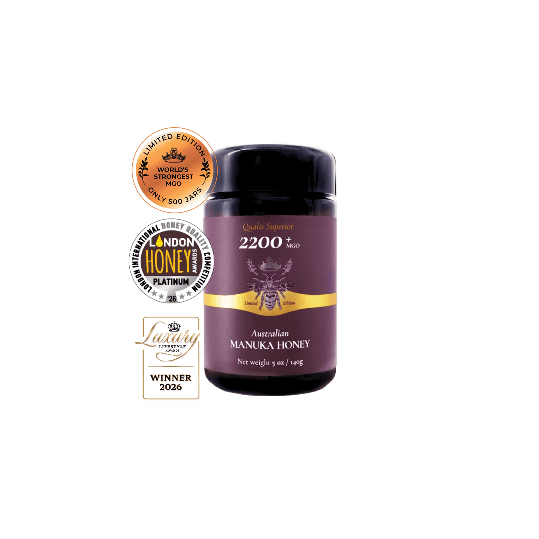 World's strongest Manuka Honey MGO 2200+ (140g) with awards badges