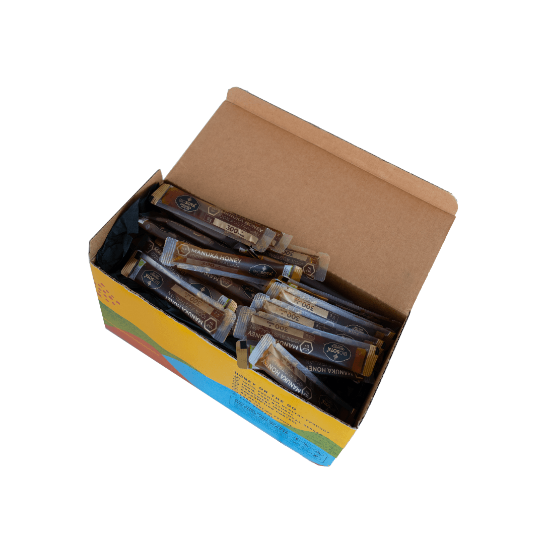 Open box of 90 individual 12g Manuka Honey sticks