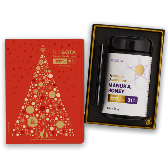 Biosota Organics Manuka Honey MGO 1717+ 250g open Christmas luxury gift box 