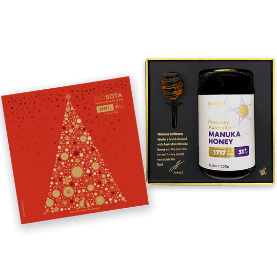 Biosota Organics Manuka Honey MGO 1717+ 500g open Christmas luxury gift box open