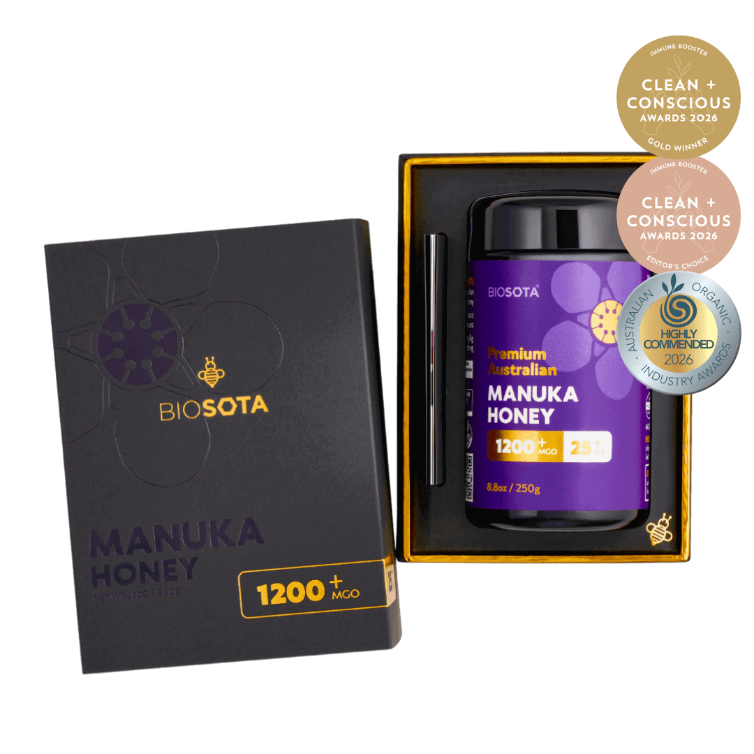 Biosota Organics Manuka Honey MGO 1200+ (250g) luxury gift box open
