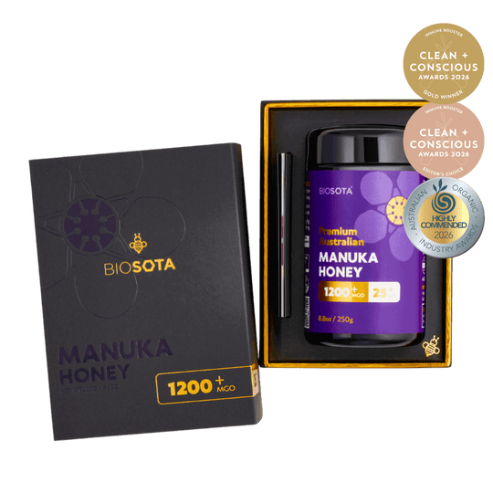 Biosota Organics Manuka Honey MGO 1200+ (250g) luxury gift box open