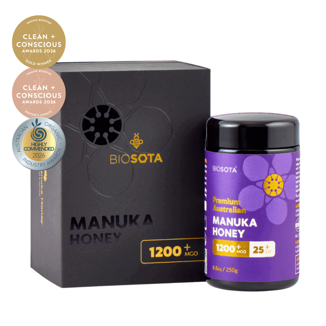 Biosota Organics Manuka Honey MGO 1200+ (250g) luxury gift box open