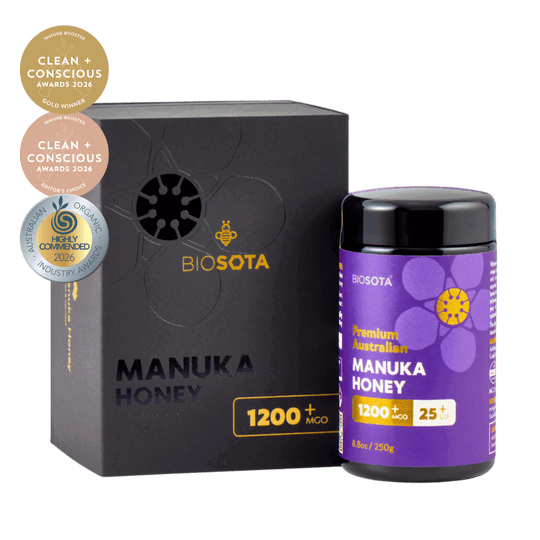 Biosota Organics Manuka Honey MGO 1200+ (250g) luxury gift box open