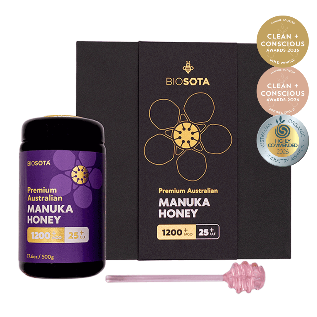 Biosota Organics Manuka Honey MGO 1200+ (500g) luxury gift box, jar and honey dipper