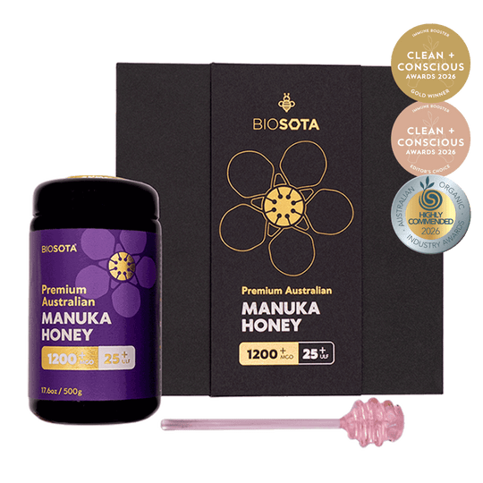 Biosota Organics Manuka Honey MGO 1200+ (500g) luxury gift box, jar and honey dipper