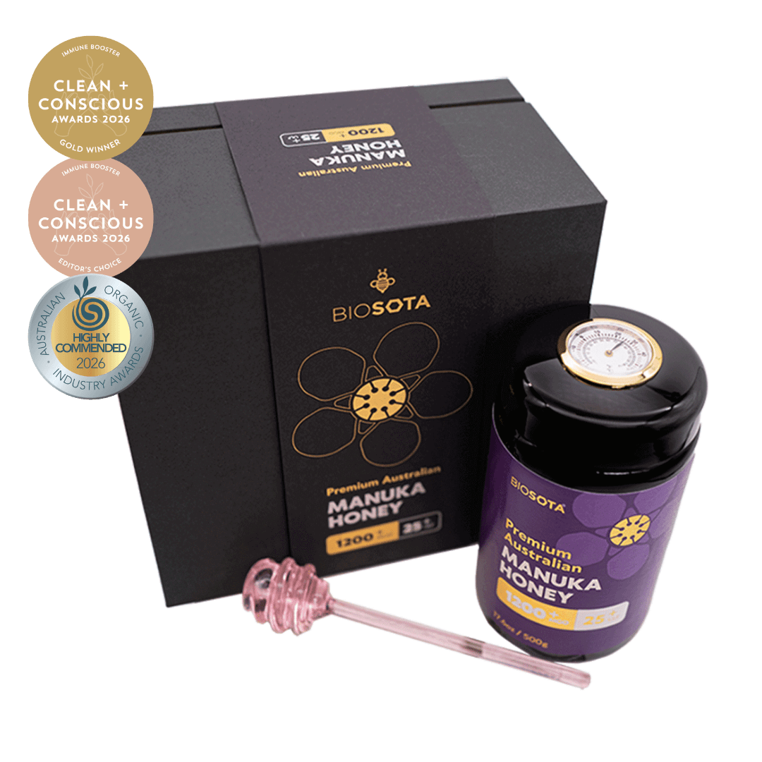 Biosota Organics Manuka Honey MGO 1200+ (500g) luxury gift box and temperature lid