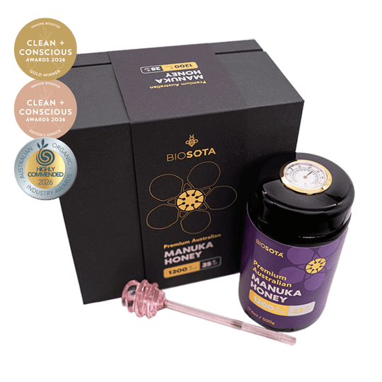 Biosota Organics Manuka Honey MGO 1200+ (500g) luxury gift box and temperature lid