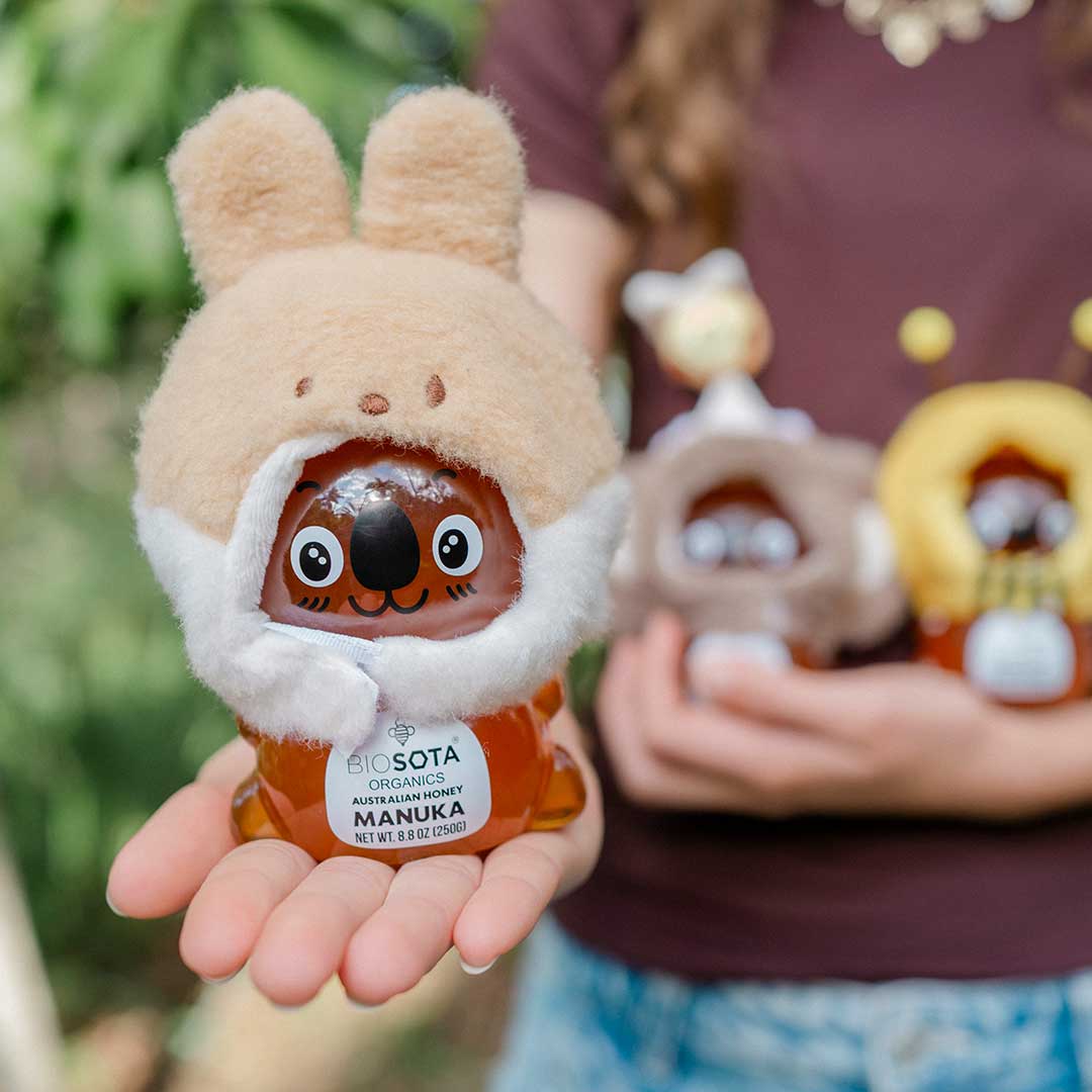 Manuka honey koala in kangaroo suit