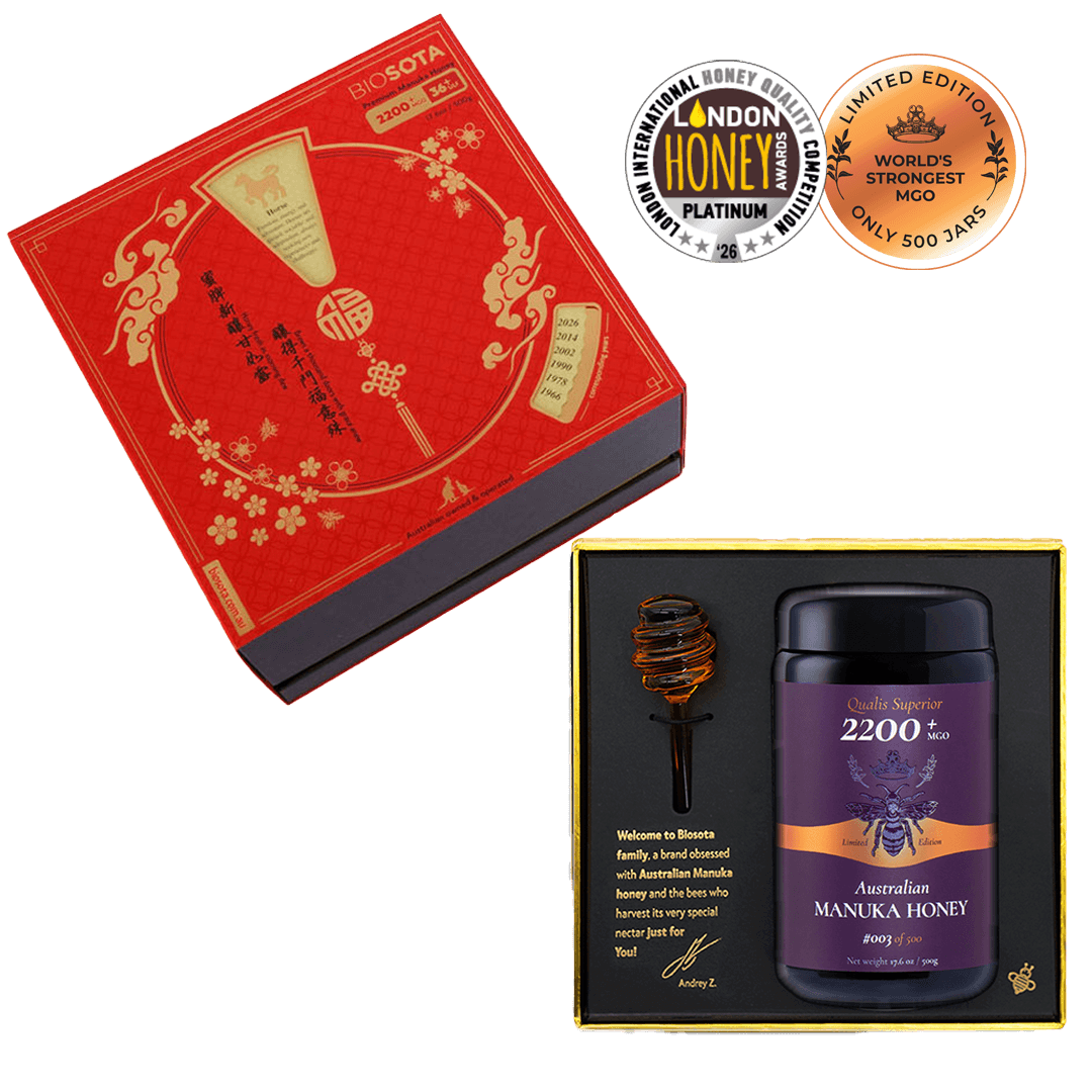Premium Biosota Organics Manuka Honey MGO 2200+ 500g Lunar New Year Open luxury gift Box with glass and honey dipper