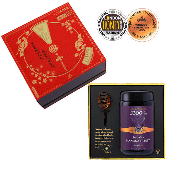 Premium Biosota Organics Manuka Honey MGO 2200+ 500g Lunar New Year Open luxury gift Box with glass and honey dipper