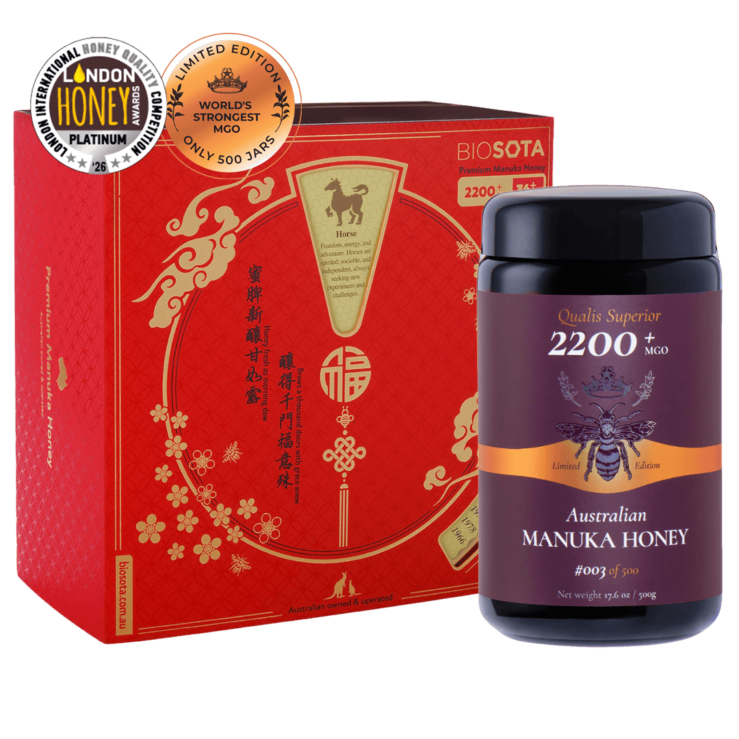 Premium Biosota Organics Manuka Honey MGO 2200+ 500g Lunar New Year luxury gift Box with glass