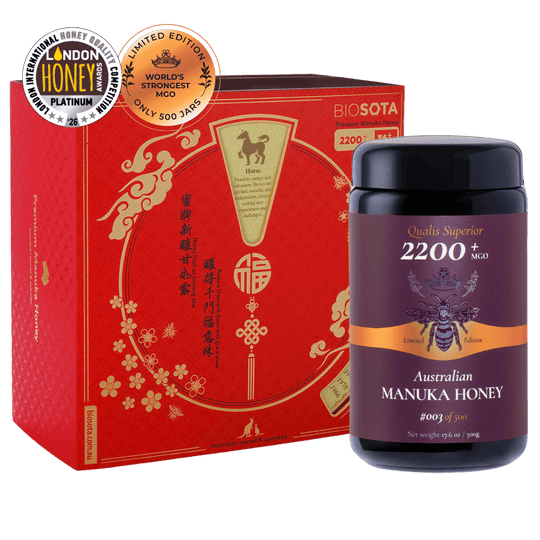 Premium Biosota Organics Manuka Honey MGO 2200+ 500g Lunar New Year luxury gift Box with glass