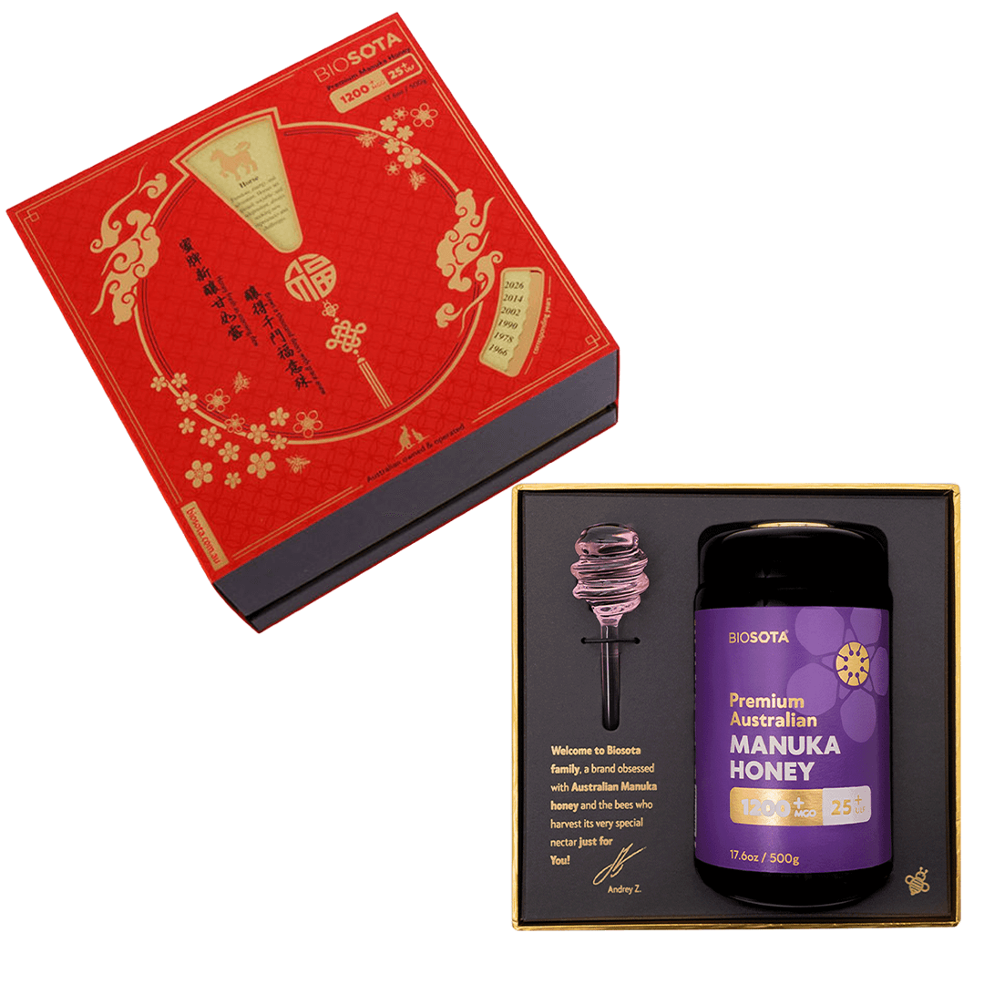 Biosota Organics Manuka Honey MGO 1200+ 500g Lunar New Year luxury gift Box with glass and honey dipper