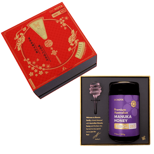 Biosota Organics Manuka Honey MGO 1200+ 500g Lunar New Year luxury gift Box with glass and honey dipper