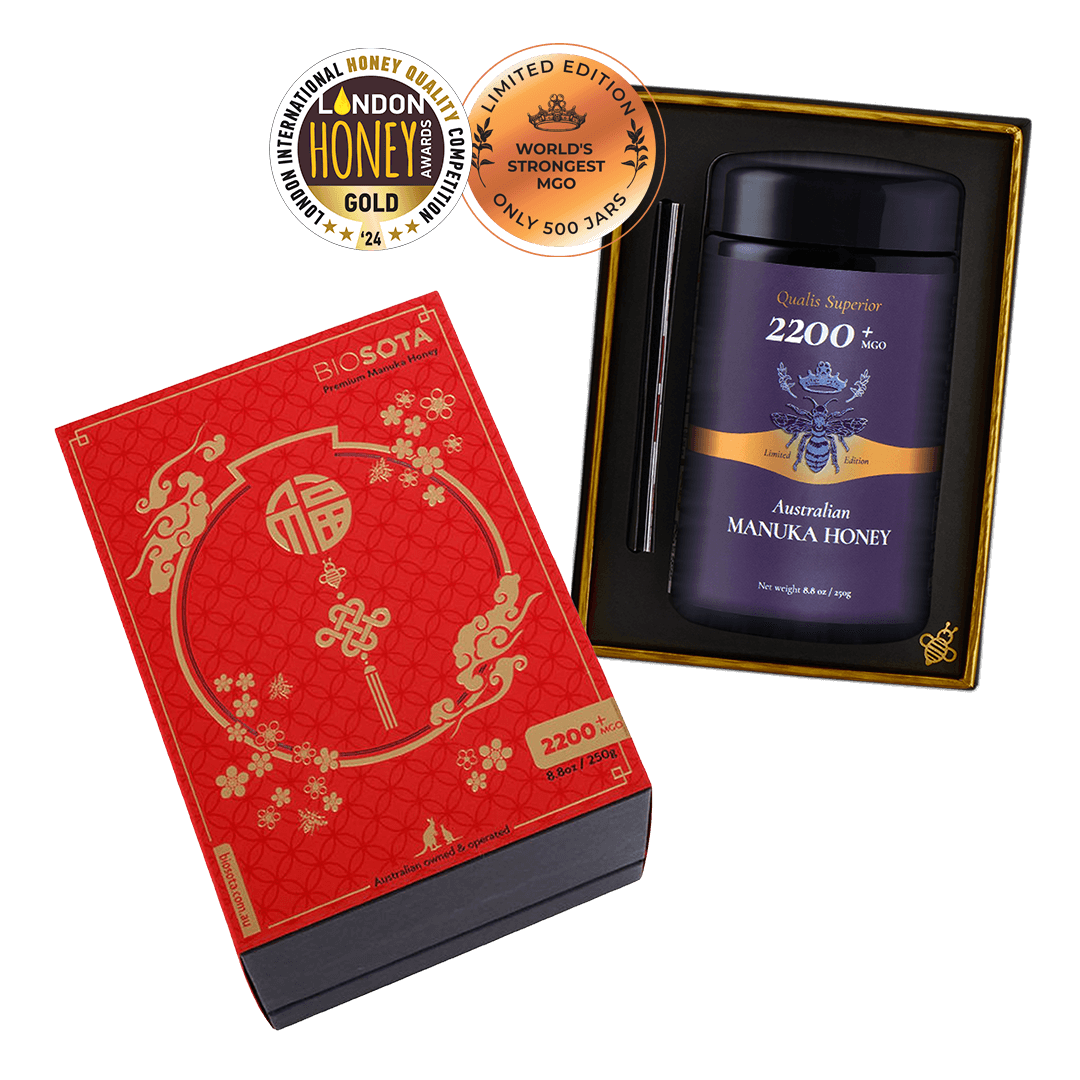 Premium Biosota Organics Manuka Honey MGO 2200+ 250g Lunar New Year Open luxury gift Box with glass and honey dipper