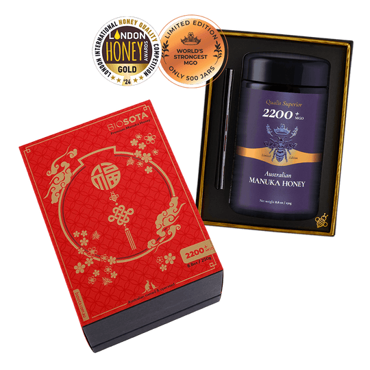 Premium Biosota Organics Manuka Honey MGO 2200+ 250g Lunar New Year Open luxury gift Box with glass and honey dipper