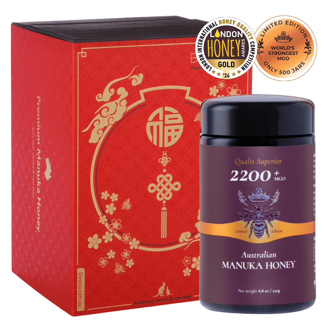 Premium Biosota Organics Manuka Honey MGO 2200+ 250g Lunar New Year luxury gift Box with glass