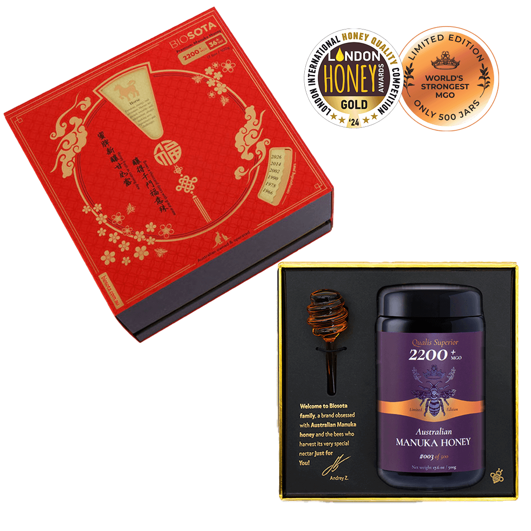 Premium Biosota Organics Manuka Honey MGO 2200+ 500g Lunar New Year Open luxury gift Box with glass and honey dipper