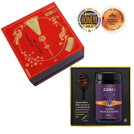 Premium Biosota Organics Manuka Honey MGO 2200+ 500g Lunar New Year Open luxury gift Box with glass and honey dipper