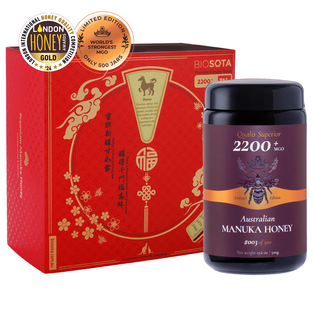 Premium Biosota Organics Manuka Honey MGO 2200+ 500g Lunar New Year luxury gift Box with glass