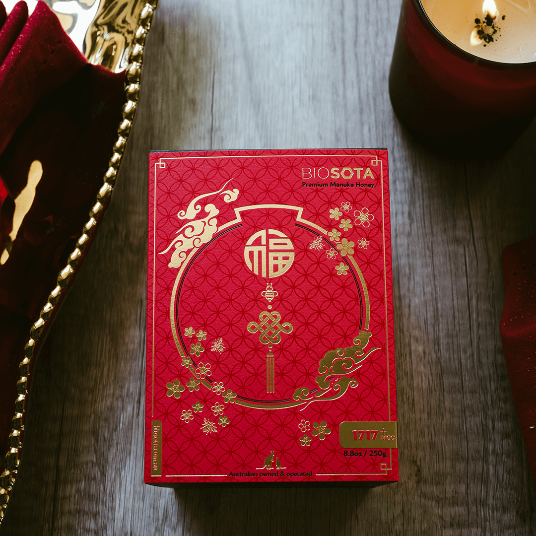Biosota Organics Manuka Honey MGO 1717+ 250g Lunar New Year luxury gift Box on table