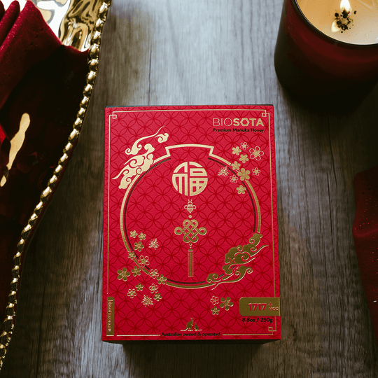 Biosota Organics Manuka Honey MGO 1717+ 250g Lunar New Year luxury gift Box on table