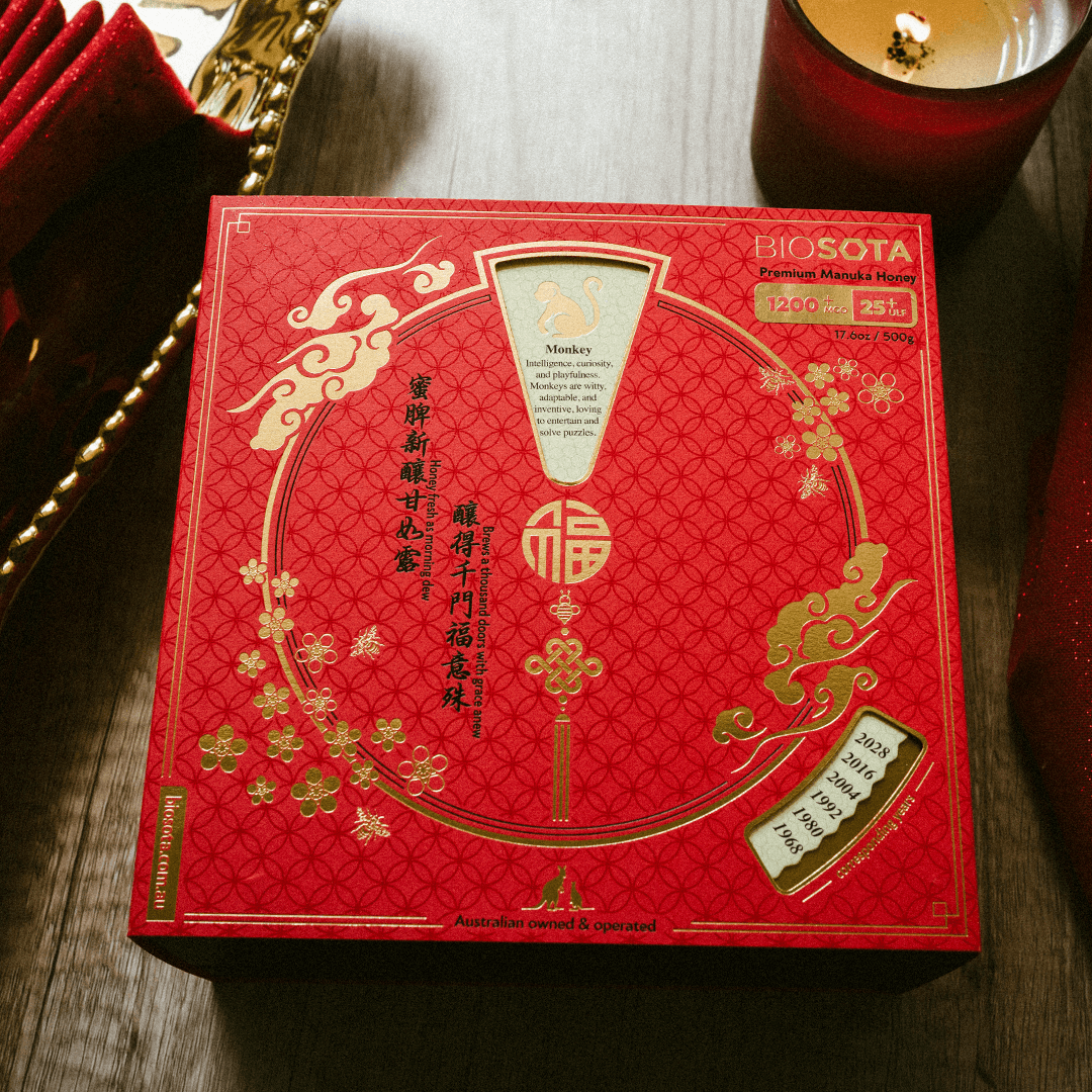 Biosota Organics Manuka Honey MGO 1200+ 500g Lunar New Year luxury gift Box on table