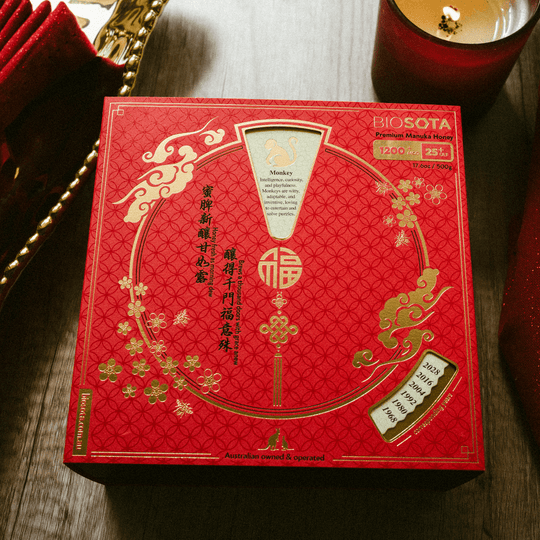 Biosota Organics Manuka Honey MGO 1200+ 500g Lunar New Year luxury gift Box on table