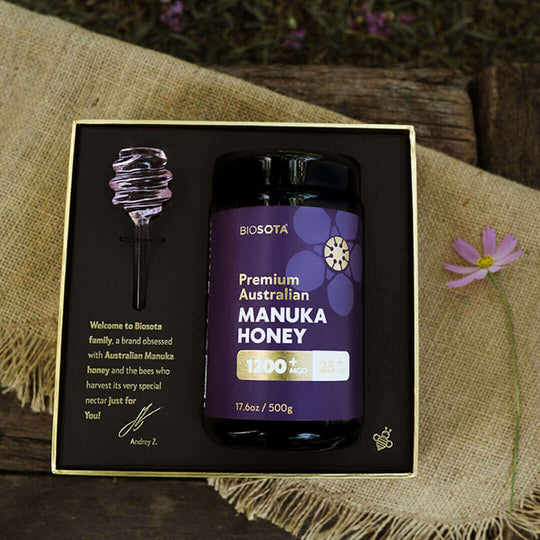 Biosota Organics Manuka Honey MGO 1200+ 500g luxury gift box open