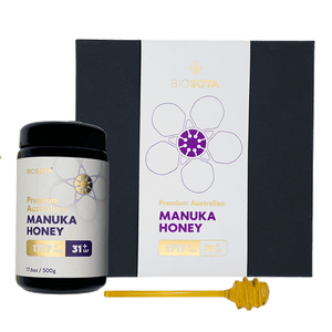 Biosota Organics Manuka Honey MGO 1717+ 500g luxury gift box with glass honey dipper