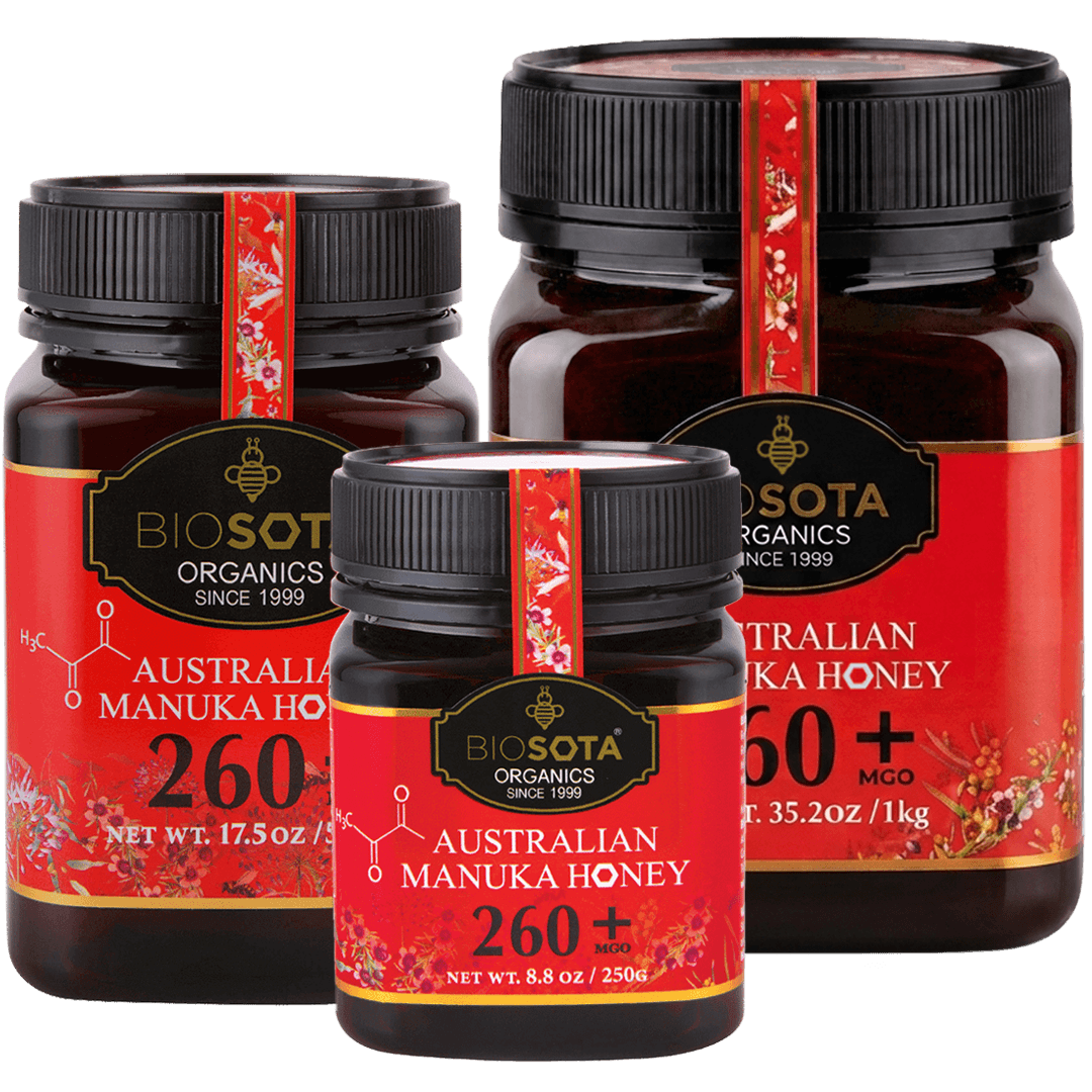 Three jars of Biosota Manuka Honey (MGO 260+) NPA 10+