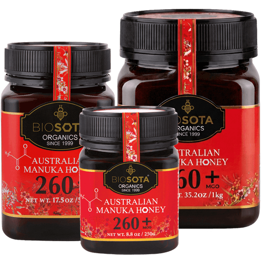 Three jars of Biosota Manuka Honey (MGO 260+) NPA 10+
