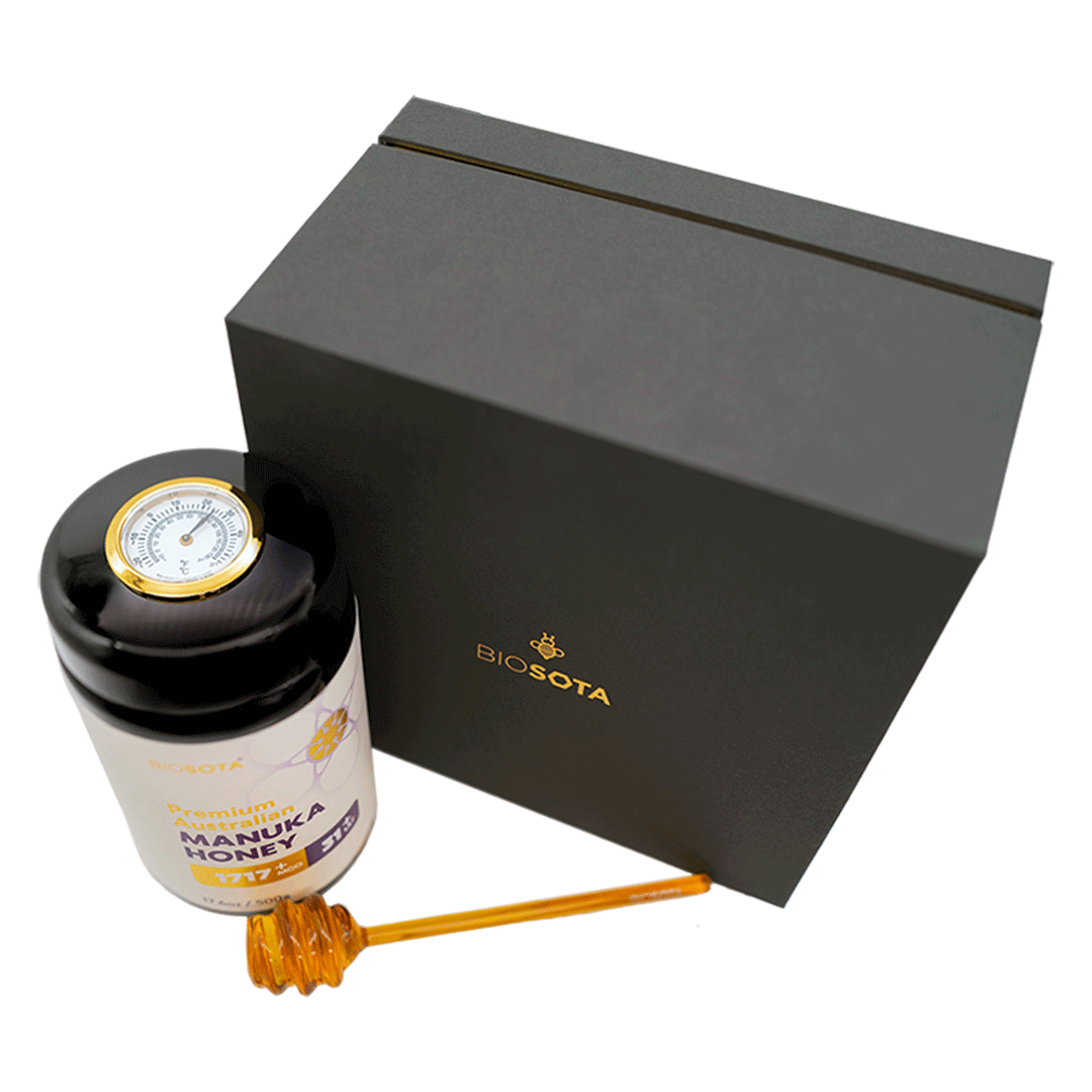 Biosota Organics Manuka Honey MGO 1717+ 500g luxury gift box with temperature lid and dipper