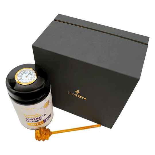 Biosota Organics Manuka Honey MGO 1717+ 500g luxury gift box with temperature lid and dipper