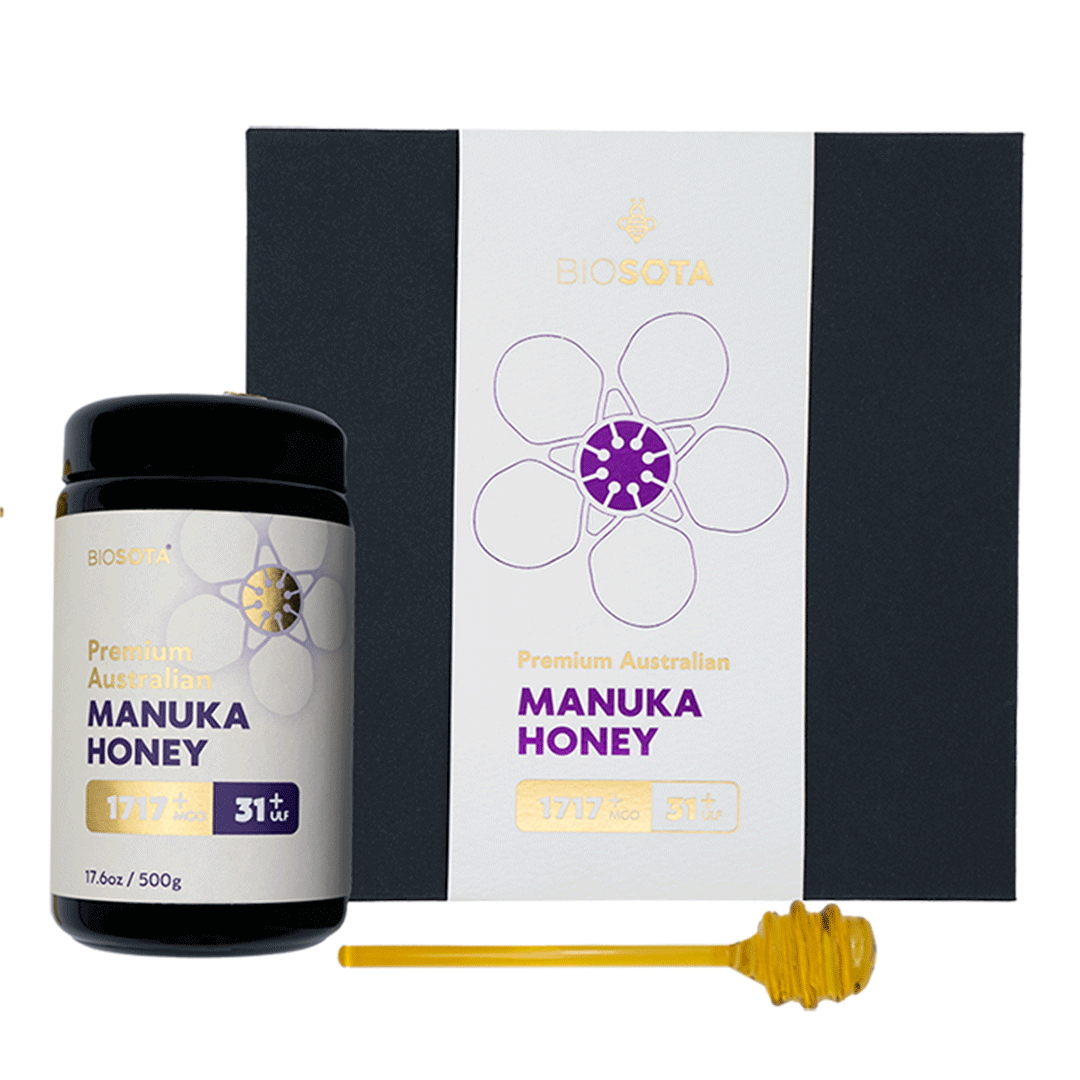 Biosota Organics Manuka Honey MGO 1717+ 500g luxury gift box with glass honey dipper