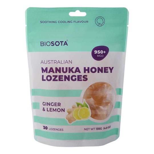 Manuka honey drops ginger lemon 135g front