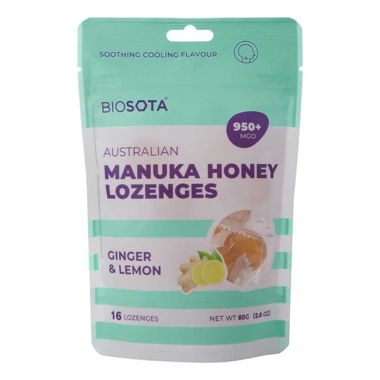 Manuka honey drops ginger lemon 80g front