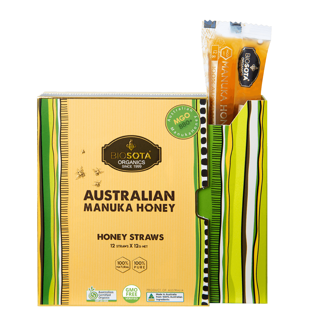 biosota organics manuka honey mgo 880 straws gift box front